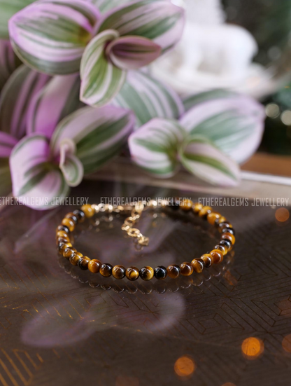 Tiger Eye 4mm Beaded Natural Gemstone 14ct Gold Filled / Sterling Silver Elastic Cord Men Women Bracelet, Genuine Top Grade Gift Jewelry