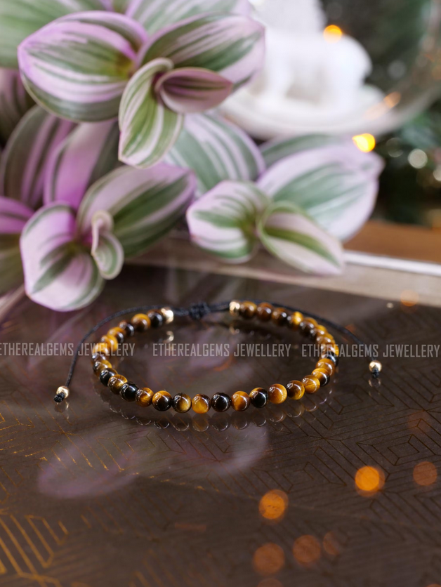 Tiger Eye 4mm Beaded Natural Gemstone 14ct Gold Filled / Sterling Silver Elastic Cord Men Women Bracelet, Genuine Top Grade Gift Jewelry