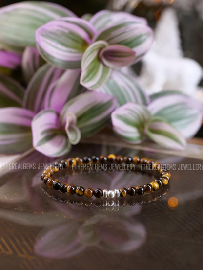 Tiger Eye 4mm Beaded Natural Gemstone 14ct Gold Filled / Sterling Silver Elastic Cord Men Women Bracelet, Genuine Top Grade Gift Jewelry