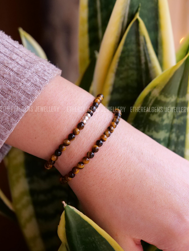 Tiger Eye 4mm Beaded Natural Gemstone 14ct Gold Filled / Sterling Silver Elastic Cord Men Women Bracelet, Genuine Top Grade Gift Jewelry