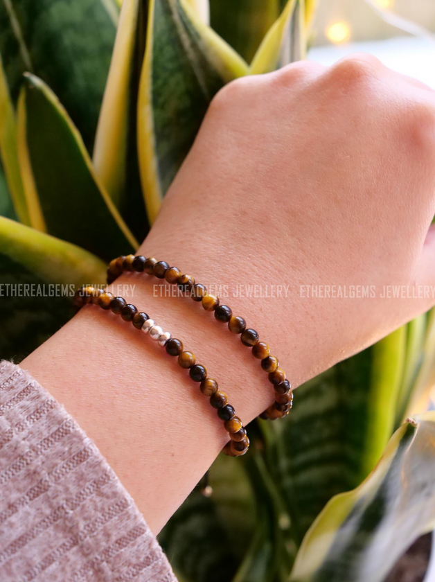 Tiger Eye 4mm Beaded Natural Gemstone 14ct Gold Filled / Sterling Silver Elastic Cord Men Women Bracelet, Genuine Top Grade Gift Jewelry