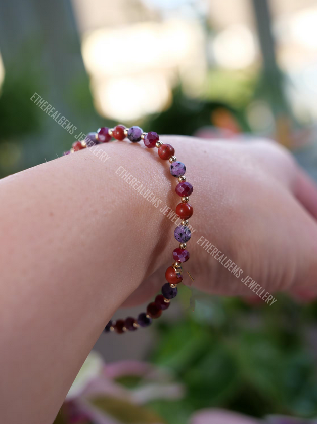 Red Jasper Charoite 4mm Beaded Natural Mix Gemstone 14ct Gold Filled Sterling Silver Elastic Bracelet, Multicolour boho bracelet