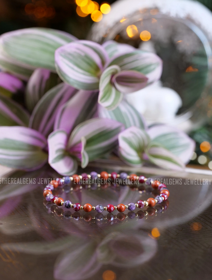 Red Jasper Charoite 4mm Beaded Natural Mix Gemstone 14ct Gold Filled Sterling Silver Elastic Bracelet, Multicolour boho bracelet