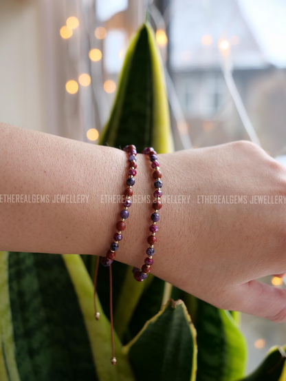 Red Jasper Charoite 4mm Beaded Natural Mix Gemstone 14ct Gold Filled Sterling Silver Elastic Bracelet, Multicolour boho bracelet