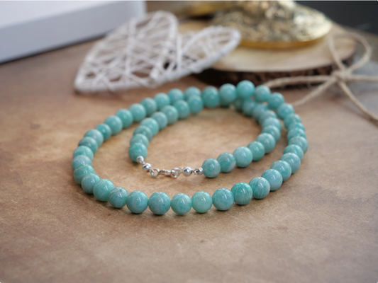 Amazonite 8mm Beaded Natural Gemstone Sterling Silver Necklace, Genuine Top Grade Gift Jewelry, Women Men Fashion Crystal Energy Jewellery