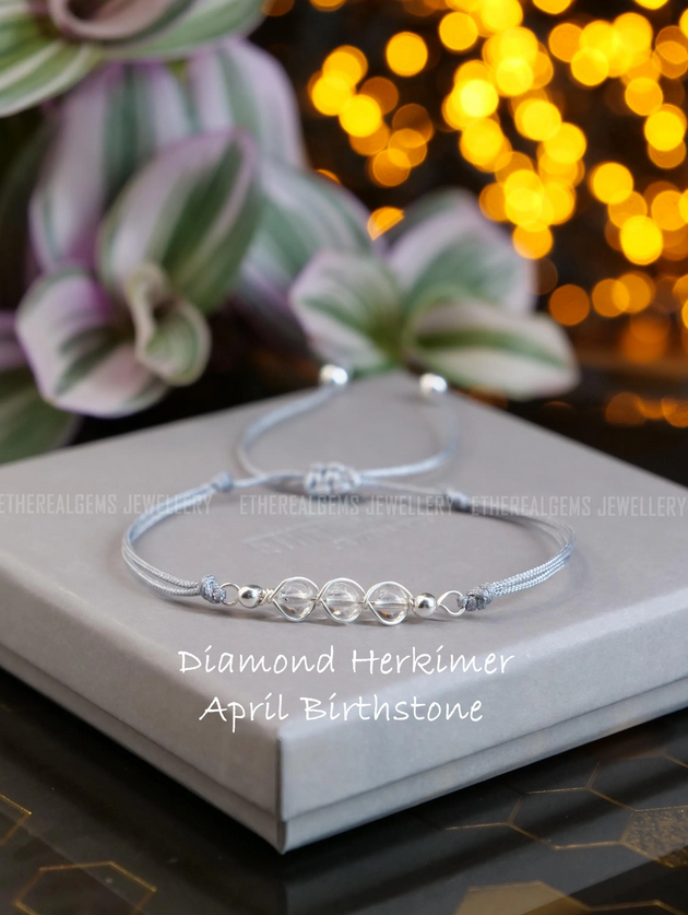 April birthstone, Aries bracelet, Cord bracelet, Diamond Herkimer bracelet, Taurus bracelet, Gemstone bracelet, Gift, Bar bracelet