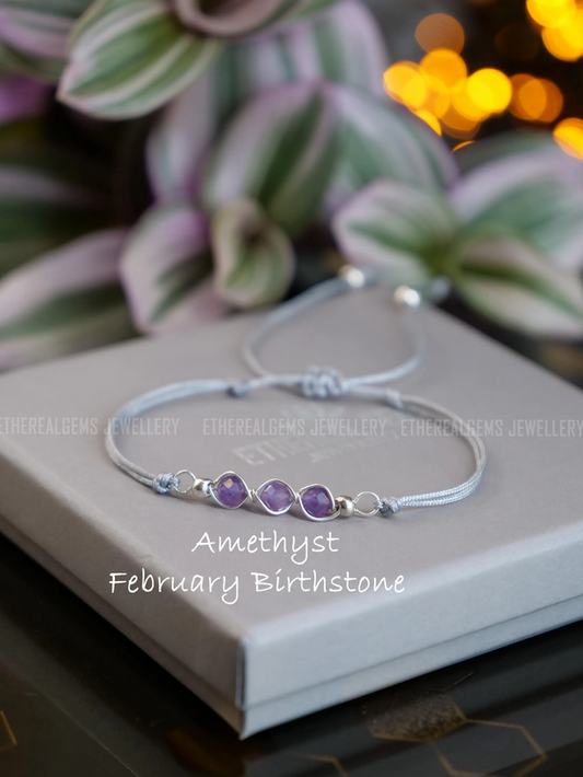 February birthstone, Aquarius bracelet, Cord bracelet, Amethyst bracelet, Pisces bracelet, Gemstone bracelet, Gift, Wire wrapped jewellery