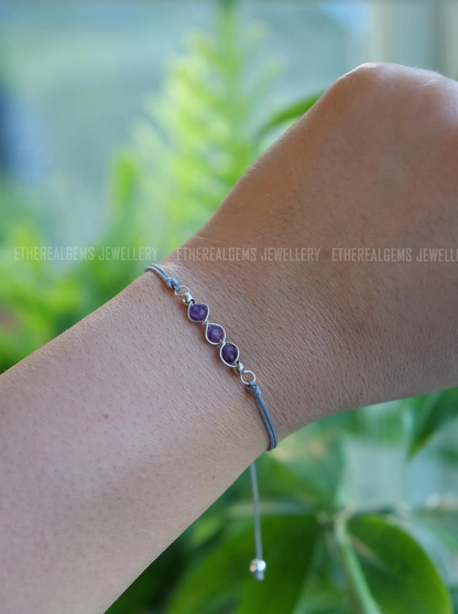 February birthstone, Aquarius bracelet, Cord bracelet, Amethyst bracelet, Pisces bracelet, Gemstone bracelet, Gift, Wire wrapped jewellery