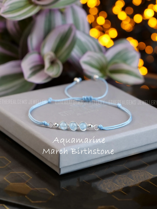 March birthstone, Pisces bracelet, Cord bracelet, Aquamarine bracelet, Aries bracelet, Gemstone bracelet, Gift, Wire wrapped jewellery