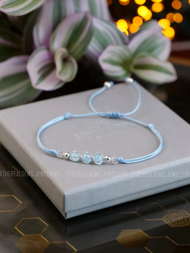 March birthstone, Pisces bracelet, Cord bracelet, Aquamarine bracelet, Aries bracelet, Gemstone bracelet, Gift, Wire wrapped jewellery