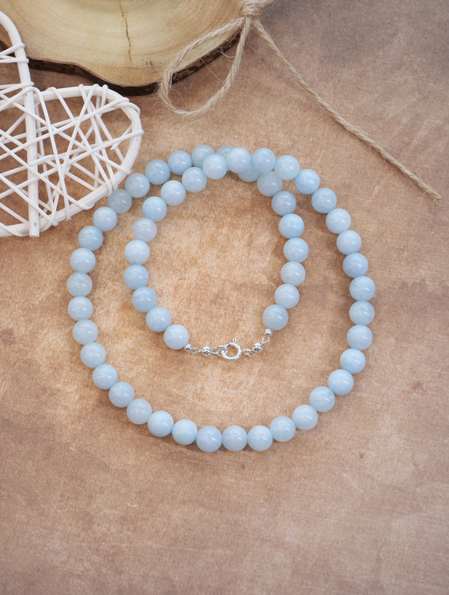 Aquamarine 8mm Beaded Natural Gemstone Sterling Silver Necklace, Genuine Top Grade Gift Jewelry, Women Men Fashion Crystal Energy Jewellery