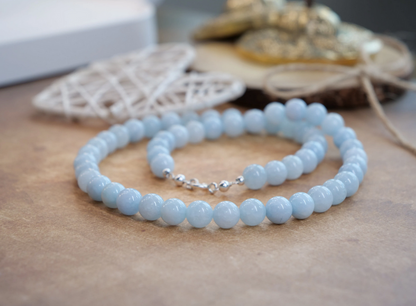 Aquamarine 8mm Beaded Natural Gemstone Sterling Silver Necklace, Genuine Top Grade Gift Jewelry, Women Men Fashion Crystal Energy Jewellery