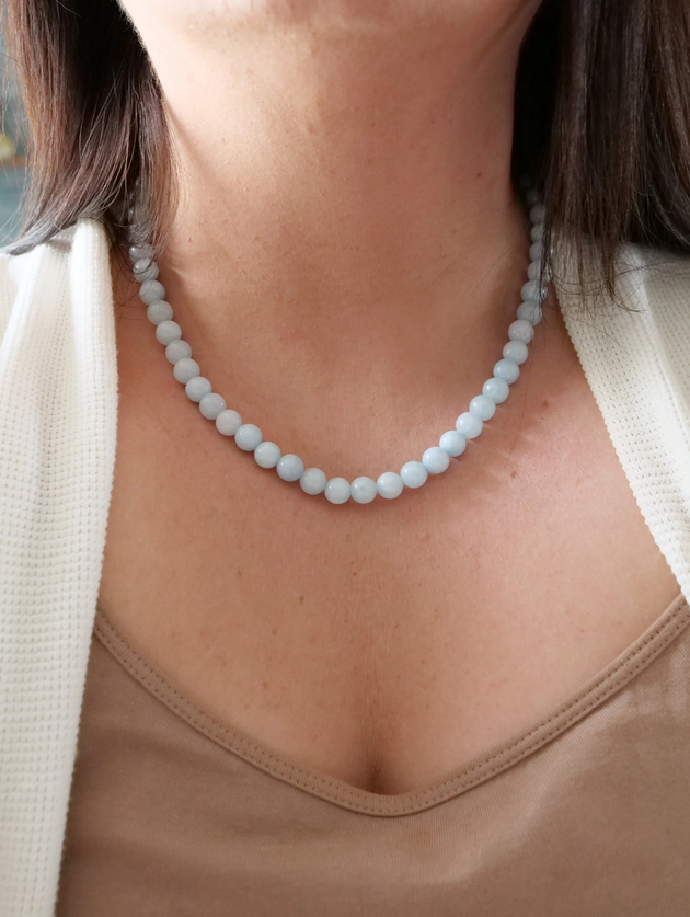 Aquamarine 8mm Beaded Natural Gemstone Sterling Silver Necklace, Genuine Top Grade Gift Jewelry, Women Men Fashion Crystal Energy Jewellery