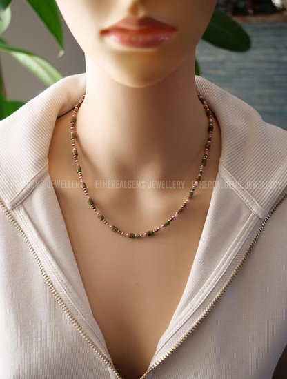 Unakite Pyrite Rhodochrosite Necklace, Beaded gemstone necklace, Green Pink necklace, Mix gemstone necklace, Statement necklace gift