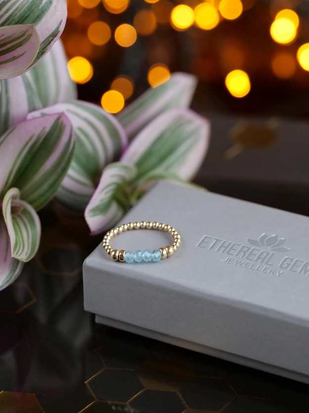 Aquamarine 3mm Beaded Natural Gemstone Sterling Silver/14ct Gold Filled Elastic Ring, Genuine Top Grade Gift Jewelry, Women Fashion Jewellery