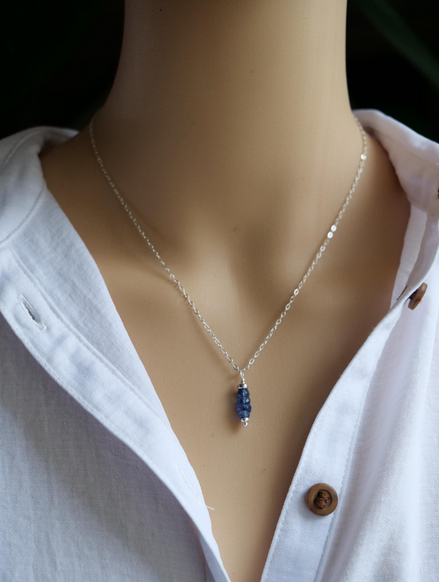 Kyanite 5mm Natural Gemstone Sterling Silver Bar Pendant Necklace, Genuine Top Grade Gift Jewelry, Women Fashion Crystal Energy Jewellery