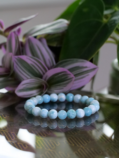 Larimar 8mm Beaded Natural Gemstone Elastic Bracelet, Genuine Top Grade Gift Jewelry, Men Women Fashion Crystal Energy Jewellery