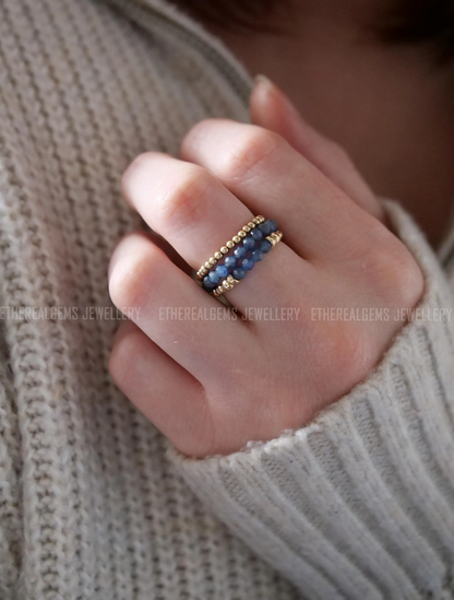 Sapphire 3mm Beaded Natural Gemstone Sterling Silver/14ct Gold Filled Elastic Ring, Genuine Top Grade Gift Jewelry, Women Jewellery