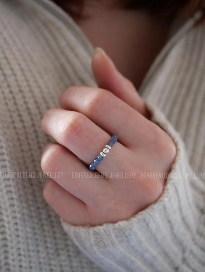 Sapphire 3mm Beaded Natural Gemstone Sterling Silver/14ct Gold Filled Elastic Ring, Genuine Top Grade Gift Jewelry, Women Jewellery