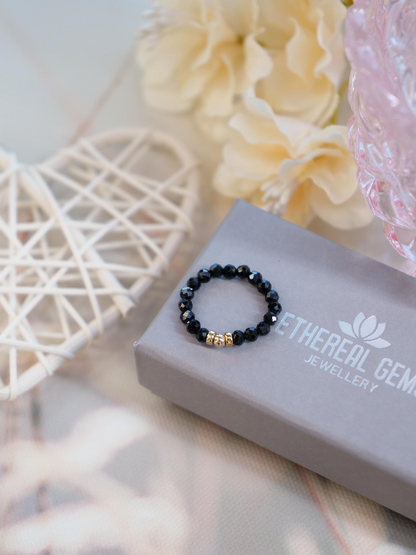 Black Tourmaline 3mm Beaded Natural Gemstone Sterling Silver/14ct Gold Filled Elastic Ring, Genuine Top Grade Gift Jewelry, Women Jewellery