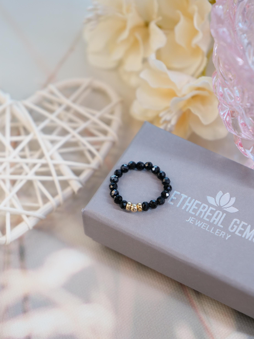 Black Tourmaline 3mm Beaded Natural Gemstone Sterling Silver/14ct Gold Filled Elastic Ring, Genuine Top Grade Gift Jewelry, Women Jewellery