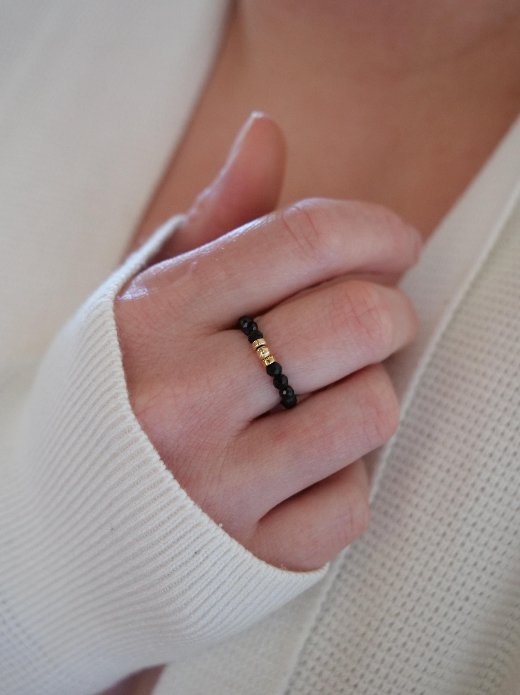 Black Tourmaline 3mm Beaded Natural Gemstone Sterling Silver/14ct Gold Filled Elastic Ring, Genuine Top Grade Gift Jewelry, Women Jewellery