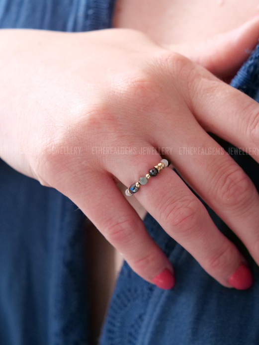 Black Tourmaline Moonstone 3mm Beaded Natural Gemstone Sterling Silver/14ct Gold Filled Elastic Ring, Genuine Top Grade Gift Women Jewellery
