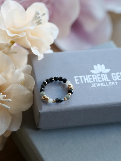 Black Tourmaline Moonstone 3mm Beaded Natural Gemstone Sterling Silver/14ct Gold Filled Elastic Ring, Genuine Top Grade Gift Women Jewellery