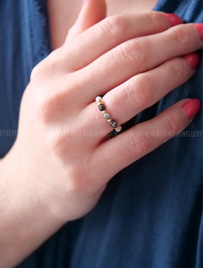 Black Tourmaline Moonstone 3mm Beaded Natural Gemstone Sterling Silver/14ct Gold Filled Elastic Ring, Genuine Top Grade Gift Women Jewellery