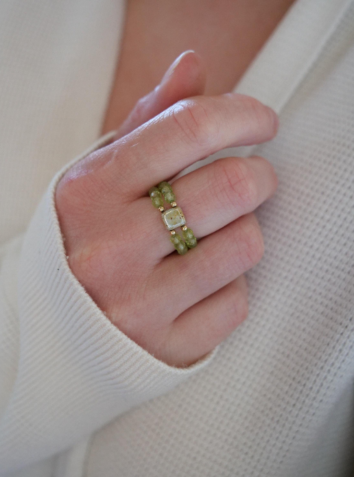 Peridot 3mm Double Beaded Natural Gemstone Sterling Silver/14ct Gold Filled Elastic Ring, Genuine Top Grade Gift Jewelry, Women Jewellery