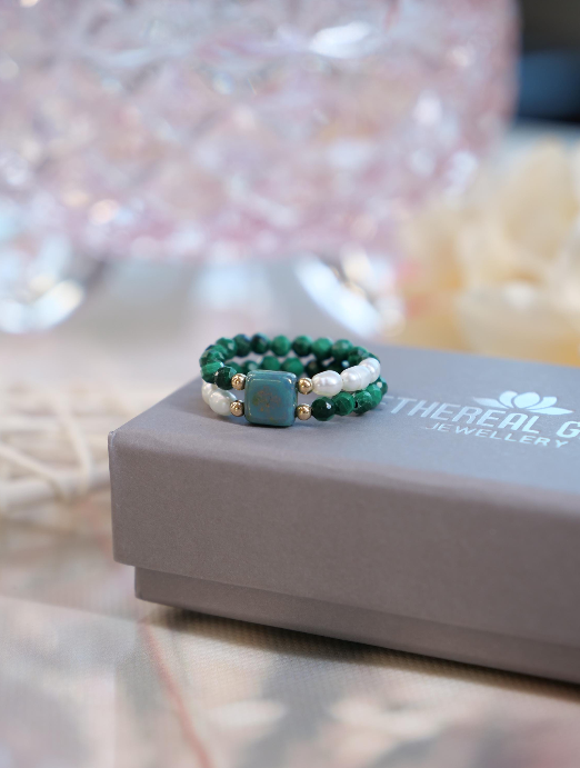Malachite Freshwater Pearl 3mm Beaded Natural Gemstone Sterling Silver/14ct Gold Filled Elastic Ring, Genuine Top Grade Gift Jewelry, Women Jewellery