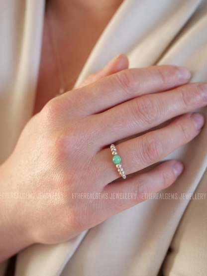 Chrysoprase Beaded Natural Gemstone Sterling Silver/14ct Gold Filled Elastic Ring, Genuine Top Grade Gift Jewelry, Women Fashion Jewellery