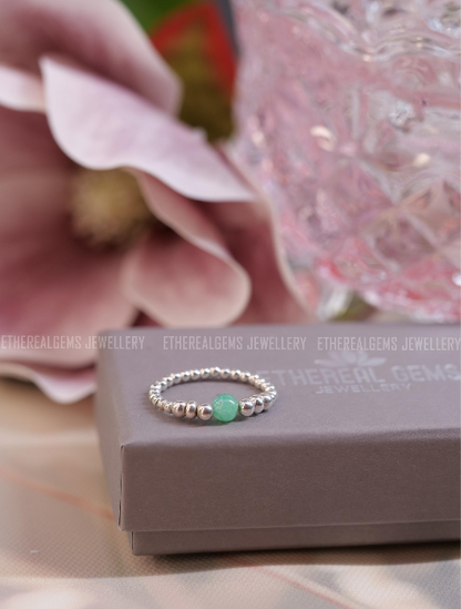 Chrysoprase Beaded Natural Gemstone Sterling Silver/14ct Gold Filled Elastic Ring, Genuine Top Grade Gift Jewelry, Women Fashion Jewellery