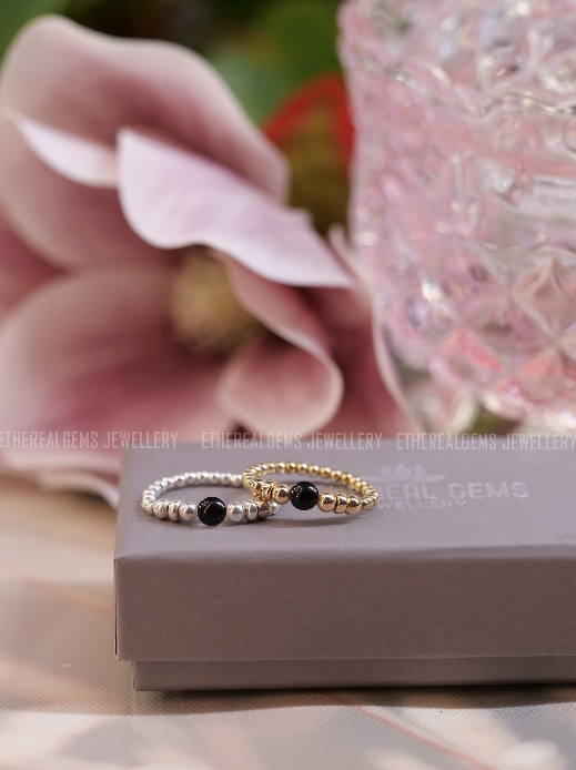 Jet Beaded Natural Gemstone Sterling Silver/14ct Gold Filled Elastic Ring, Genuine Top Grade Gift Jewelry, Women Fashion Jewellery