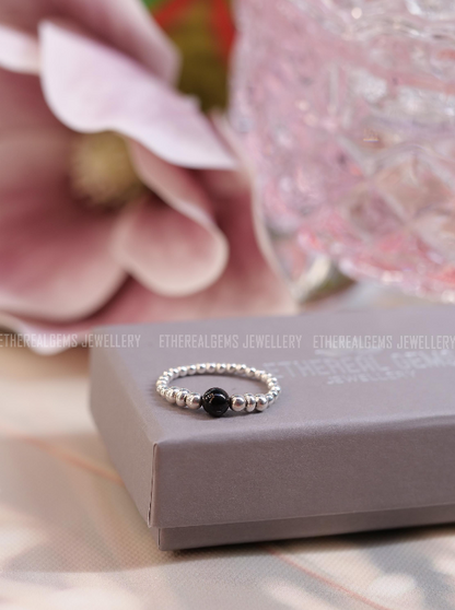 Jet Beaded Natural Gemstone Sterling Silver/14ct Gold Filled Elastic Ring, Genuine Top Grade Gift Jewelry, Women Fashion Jewellery
