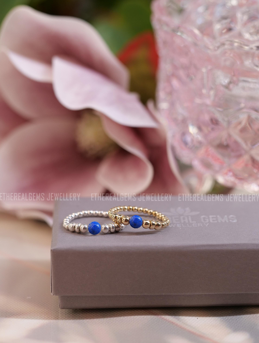 Lapis Lazuli Beaded Natural Gemstone Sterling Silver/14ct Gold Filled Elastic Ring, Genuine Top Grade Gift Jewelry, Women Fashion Jewellery
