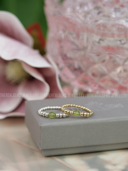Peridot Beaded Natural Gemstone Sterling Silver/14ct Gold Filled Elastic Ring, Genuine Top Grade Gift Jewelry, Women Fashion Jewellery