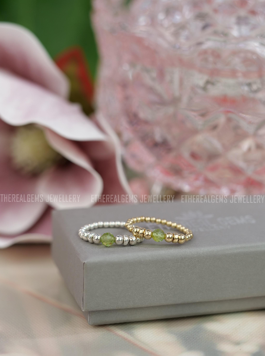 Peridot Beaded Natural Gemstone Sterling Silver/14ct Gold Filled Elastic Ring, Genuine Top Grade Gift Jewelry, Women Fashion Jewellery