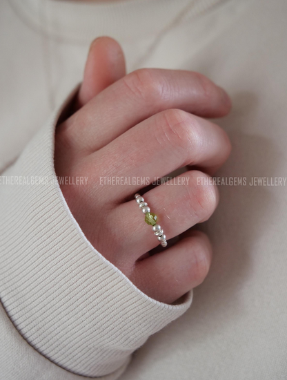 Peridot Beaded Natural Gemstone Sterling Silver/14ct Gold Filled Elastic Ring, Genuine Top Grade Gift Jewelry, Women Fashion Jewellery