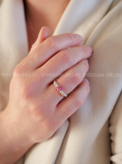 Ruby Beaded Natural Gemstone Sterling Silver/14ct Gold Filled Elastic Ring, Genuine Top Grade Gift Jewelry, Women Fashion Jewellery