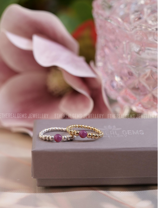 Ruby Beaded Natural Gemstone Sterling Silver/14ct Gold Filled Elastic Ring, Genuine Top Grade Gift Jewelry, Women Fashion Jewellery
