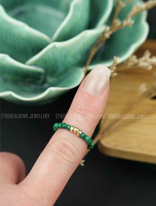 Malachite 3mm Beaded Natural Gemstone Sterling Silver / 14ct Gold Filled Elastic Ring, Genuine Top Grade Gift Jewelry, Women Jewellery