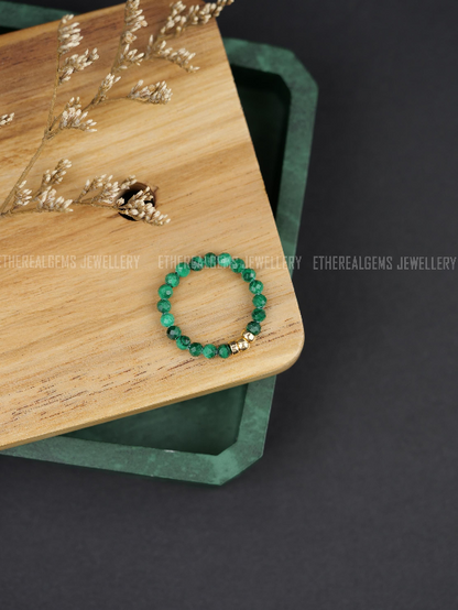 Malachite 3mm Beaded Natural Gemstone Sterling Silver / 14ct Gold Filled Elastic Ring, Genuine Top Grade Gift Jewelry, Women Jewellery