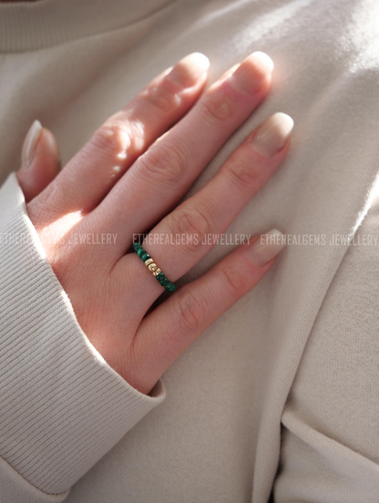 Malachite 3mm Beaded Natural Gemstone Sterling Silver / 14ct Gold Filled Elastic Ring, Genuine Top Grade Gift Jewelry, Women Jewellery