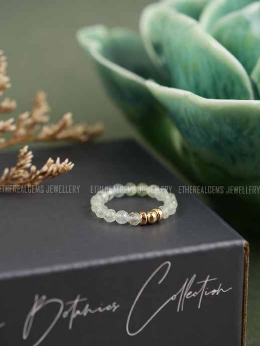 Prehnite 3mm Beaded Natural Gemstone Sterling Silver / 14ct Gold Filled Elastic Ring, Genuine Top Grade Gift Jewelry, Women Jewellery