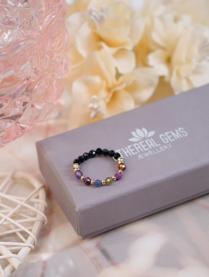 Mix 3mm Beaded Natural Gemstone Sterling Silver / 14ct Gold Filled Elastic Ring, Genuine Top Grade Gift Jewelry, Women Jewellery
