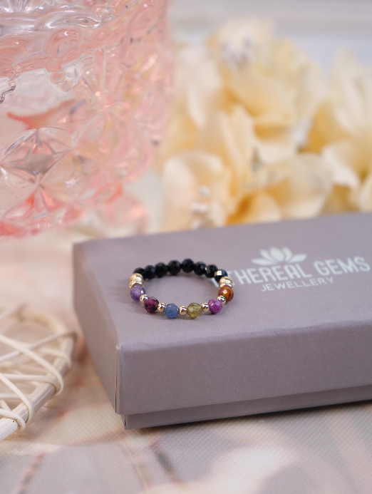 Mix 3mm Beaded Natural Gemstone Sterling Silver / 14ct Gold Filled Elastic Ring, Genuine Top Grade Gift Jewelry, Women Jewellery