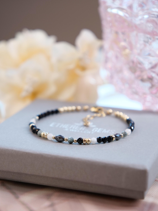 3mm Gemstone Bracelet, Black Tourmaline Moonstone Eagle Eye Bracelet, Dainty gemstone bracelet, Stacking bracelet, Black white bracelet