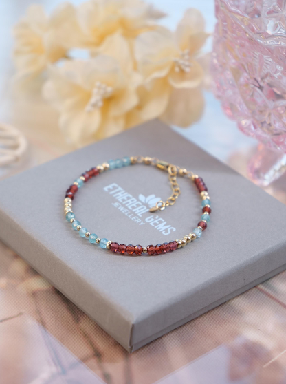Apatite & Malaya Garnet Bracelet, Gemstone bracelet, Dainty gemstone bracelet, Statement bracelet, Stacking bracelet, Blue red bracelet