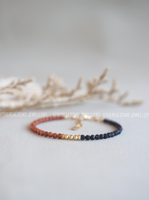 Goldstone bracelet, 3mm tiny sandstone bracelet, Half half bracelet, Unique bracelet, Statement jewellery, Stacking bracelet, Gift for her